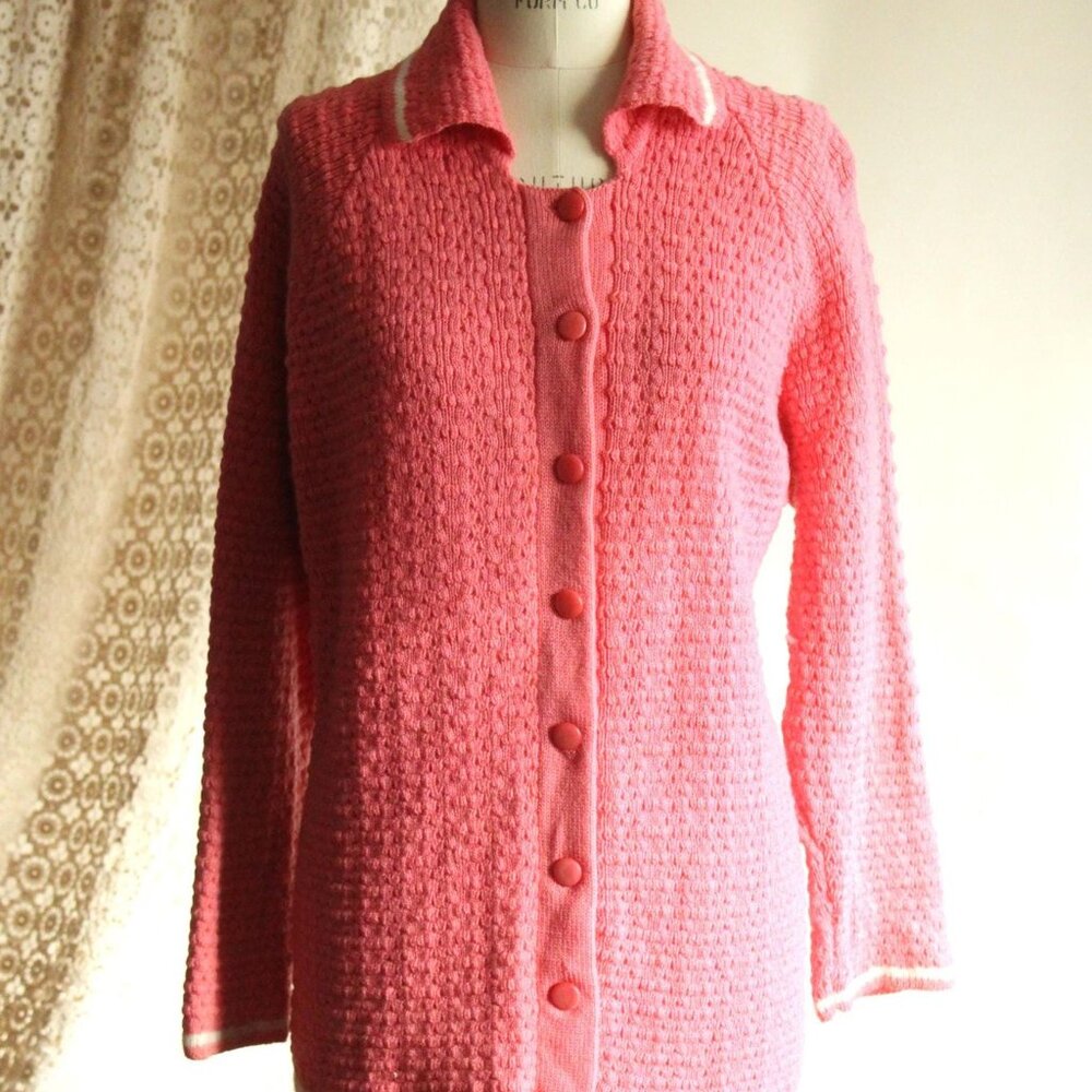 Vintage 1950s 1960s Sweater, Handknit Pink Cardigan with Collar - Picture 2 of 12
